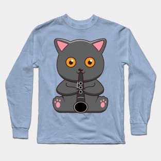 Kawaii Cat Is Playing The Clarinet Long Sleeve T-Shirt